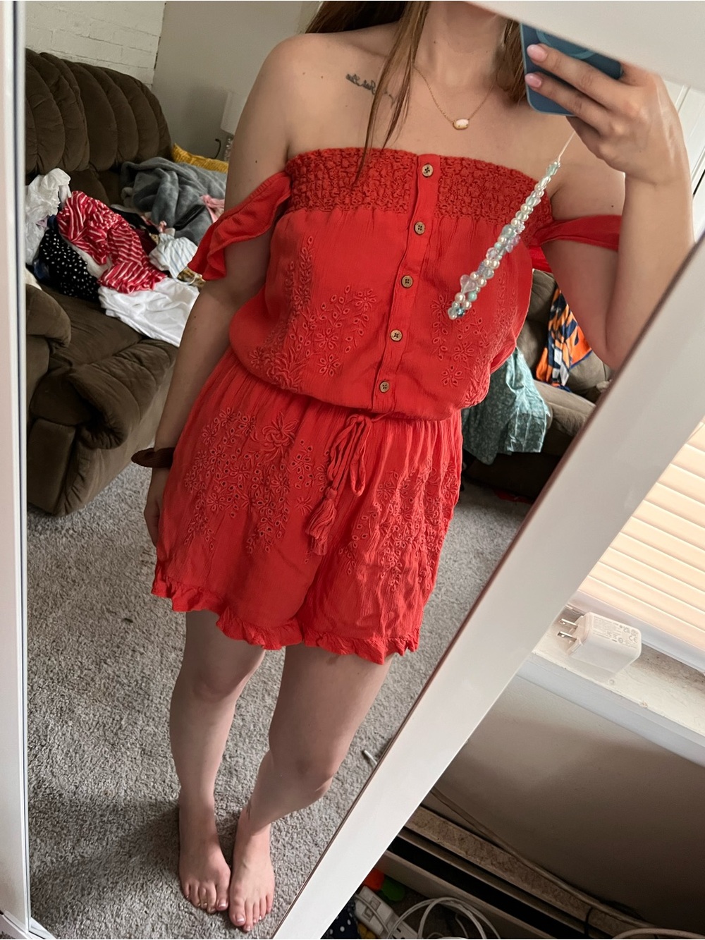 American Eagle Outfitters Orange Smocked Waist Off-Shoulder Topu